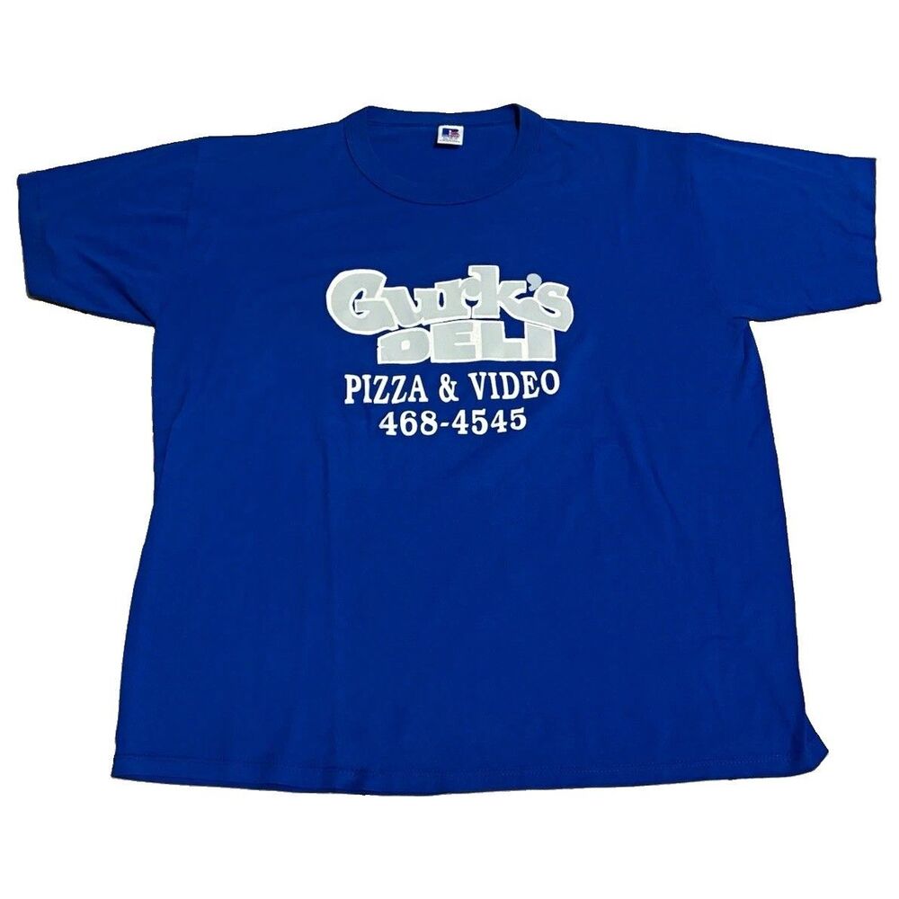 Vintage 90s Gucks Deli Pizza & Video T Shirt XL Russell Athletic Single Stitch